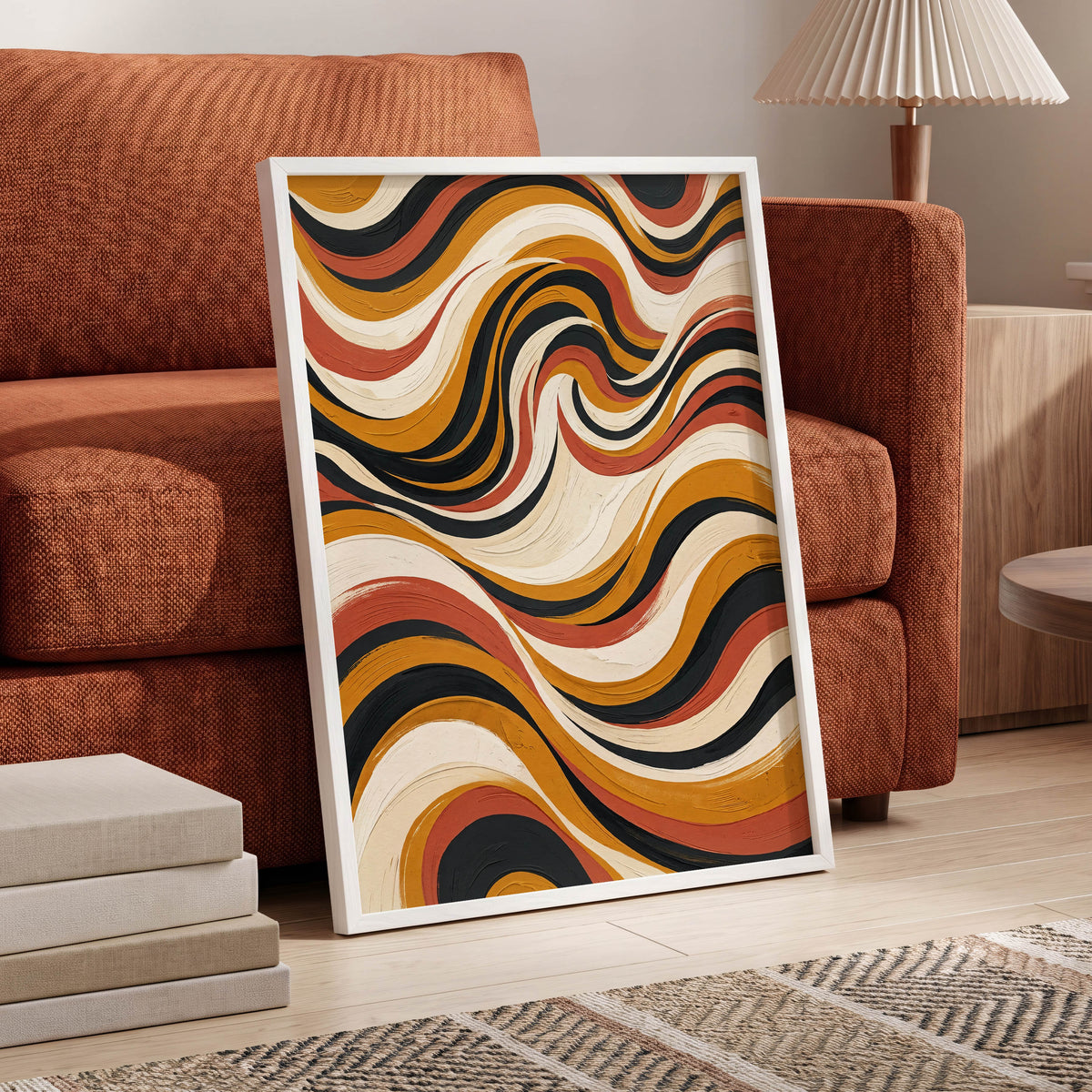 Sienna Current, black, beige, gold abstract wall art displayed in a styled interior, gallery view 6