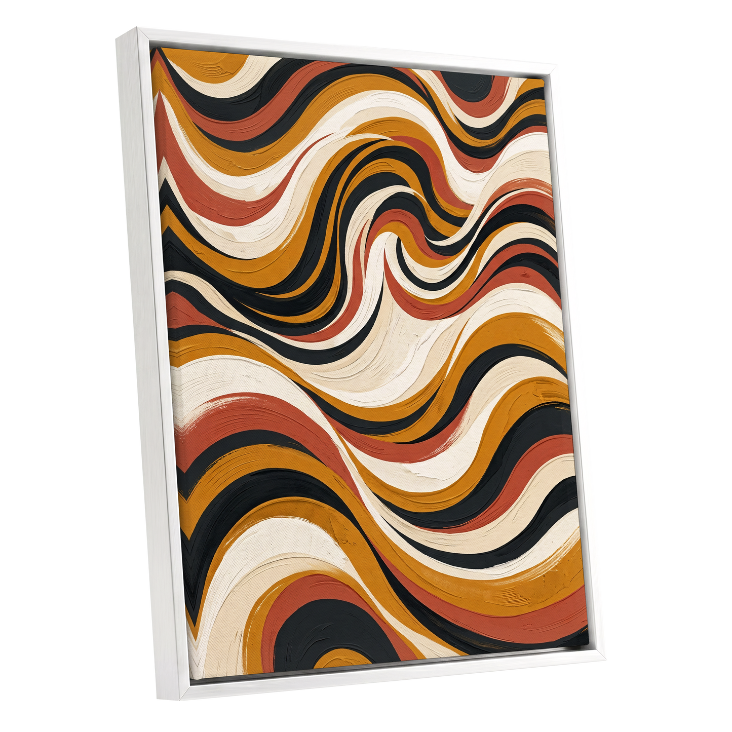 Sienna Current, black, beige, gold abstract wall art shown as a white framed canvas wall art