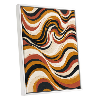 Sienna Current, black, beige, gold abstract wall art shown as a white framed canvas wall art