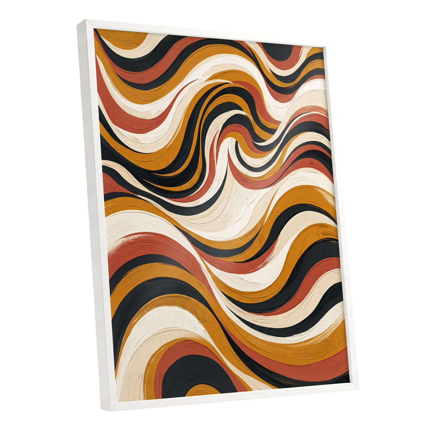 Sienna Current, black, beige, gold abstract wall art shown as a white framed poster wall art print