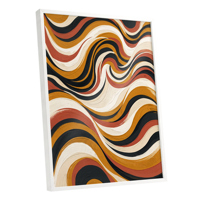 Sienna Current, black, beige, gold abstract wall art shown as a white framed poster wall art print