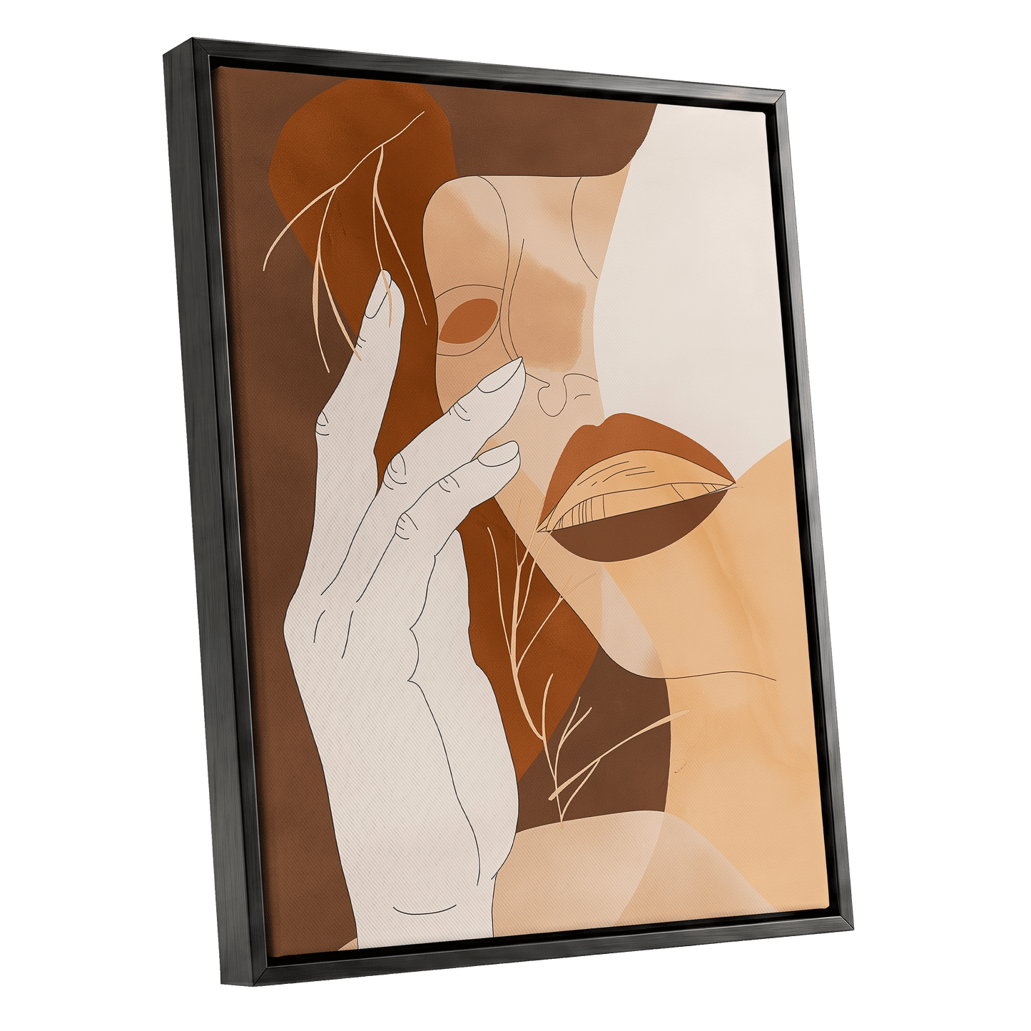Sienna Reverie, brown, beige, orange minimalist wall art shown as a black framed canvas wall art