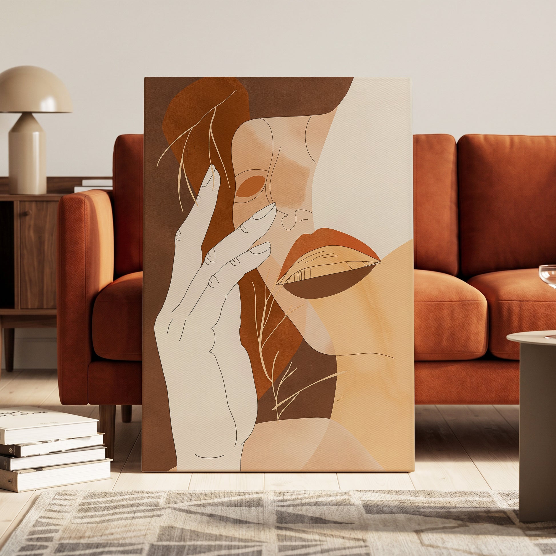 Sienna Reverie, brown, beige, orange minimalist wall art on canvas displayed in a styled interior, gallery view 1