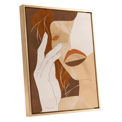Sienna Reverie, brown, beige, orange minimalist wall art shown as a gold framed canvas wall art