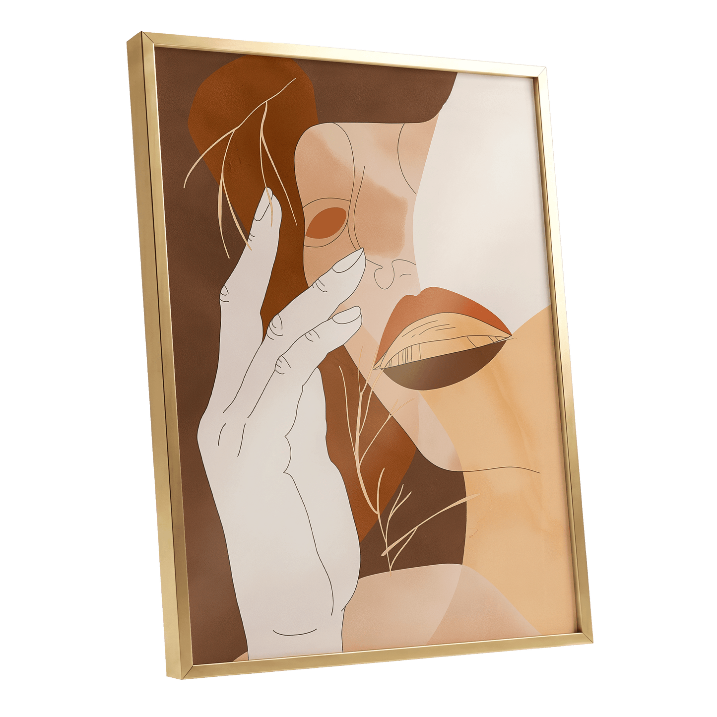 Sienna Reverie, brown, beige, orange minimalist wall art shown as a gold framed poster wall art print