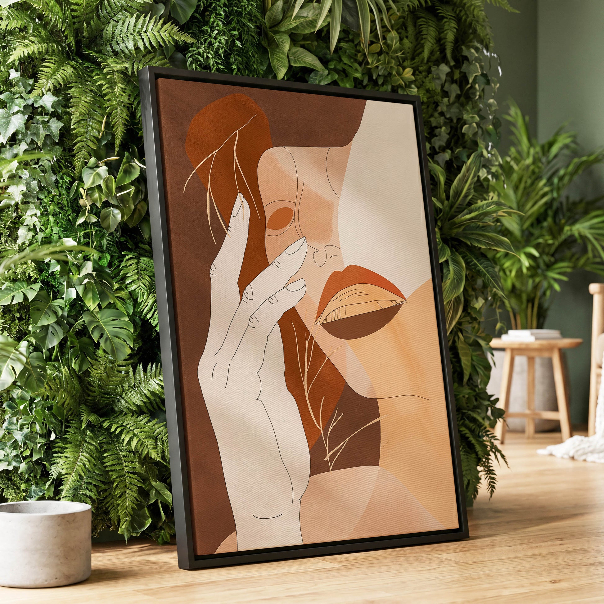 Sienna Reverie, brown, beige, orange minimalist wall art displayed in a styled interior, gallery view 1