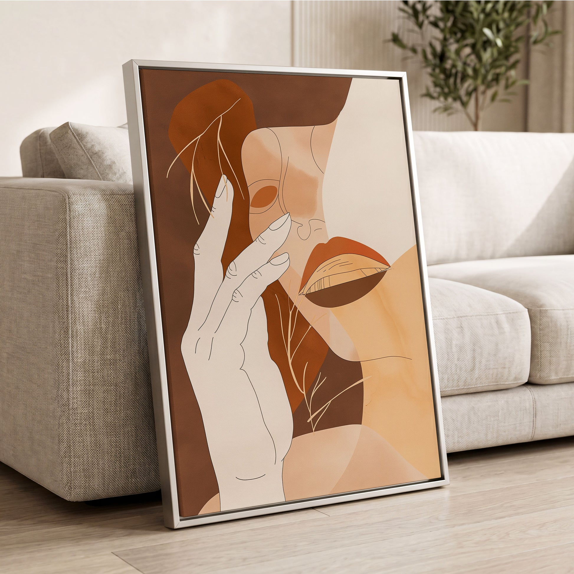 Sienna Reverie, brown, beige, orange minimalist wall art displayed in a styled interior, gallery view 2