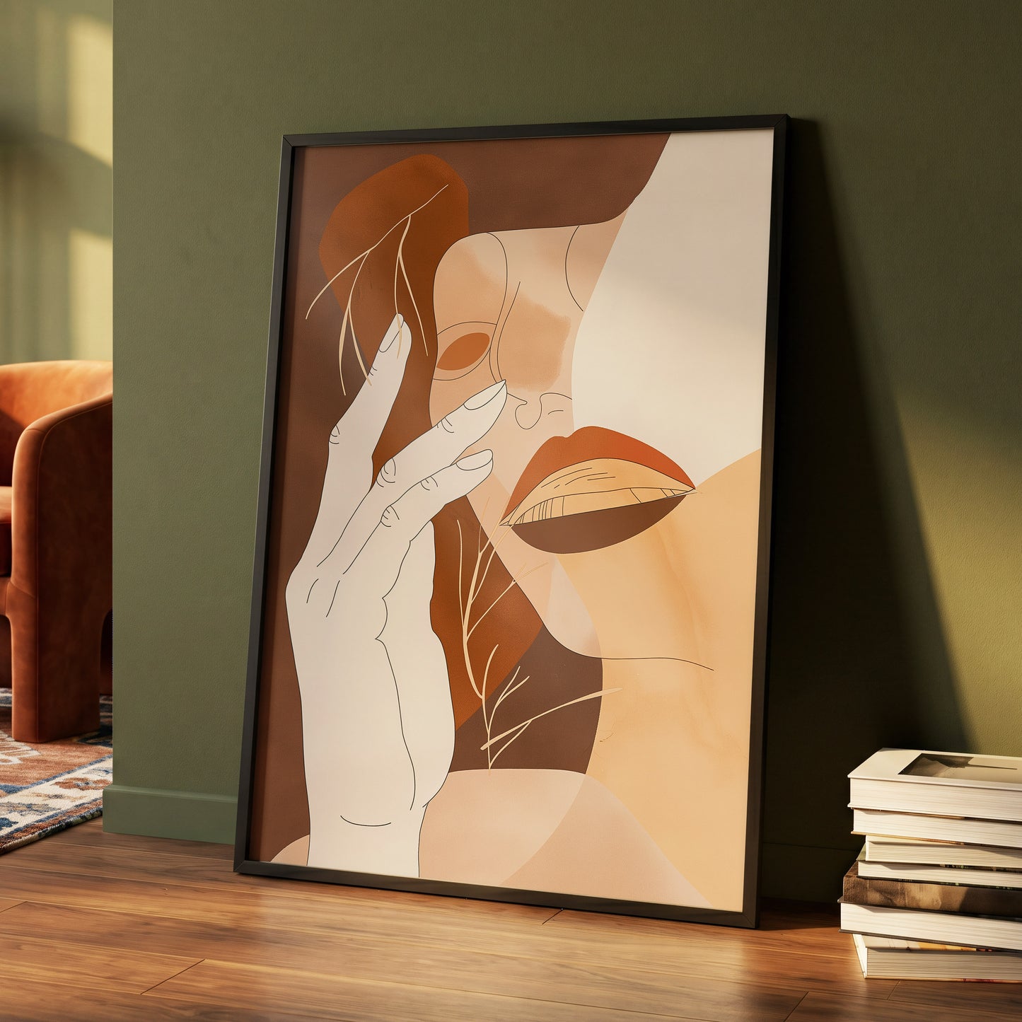 Sienna Reverie, brown, beige, orange minimalist wall art displayed in a styled interior, gallery view 4