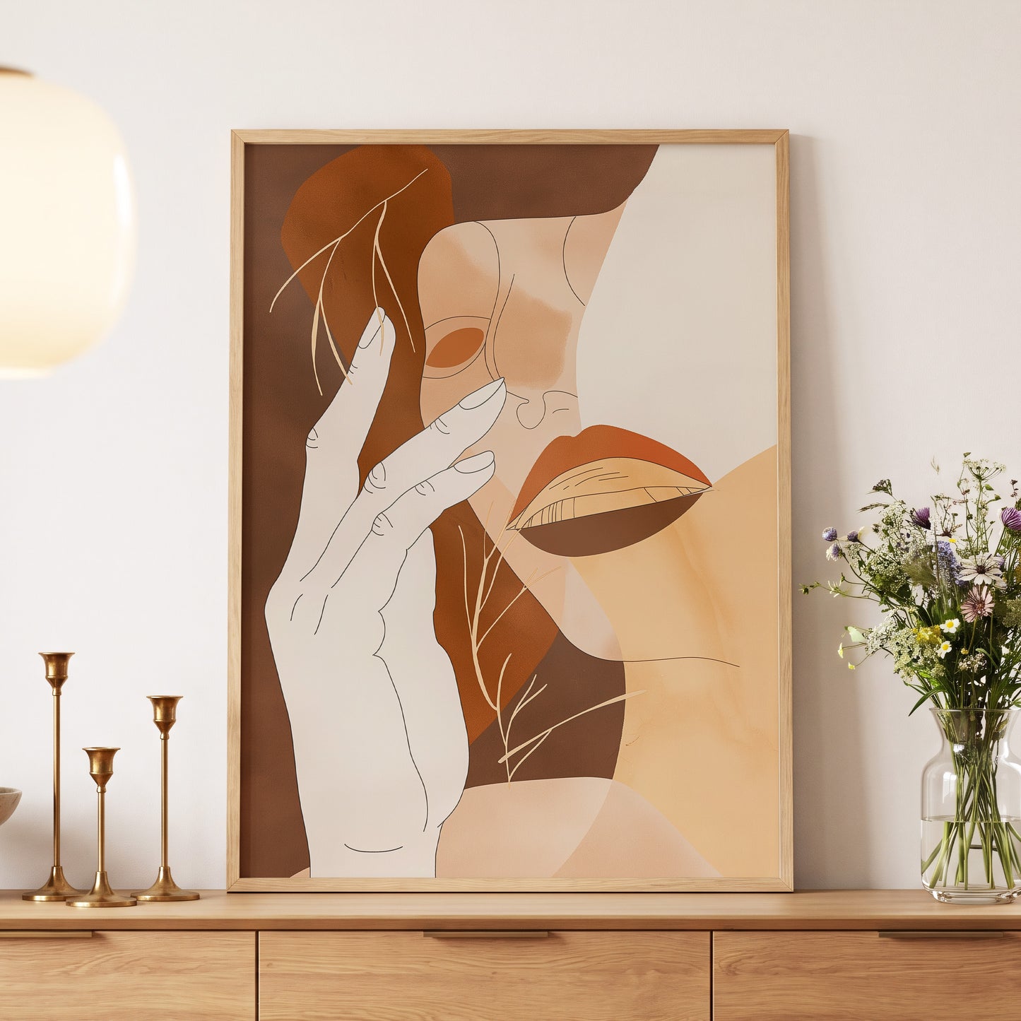 Sienna Reverie, brown, beige, orange minimalist wall art displayed in a styled interior, gallery view 5