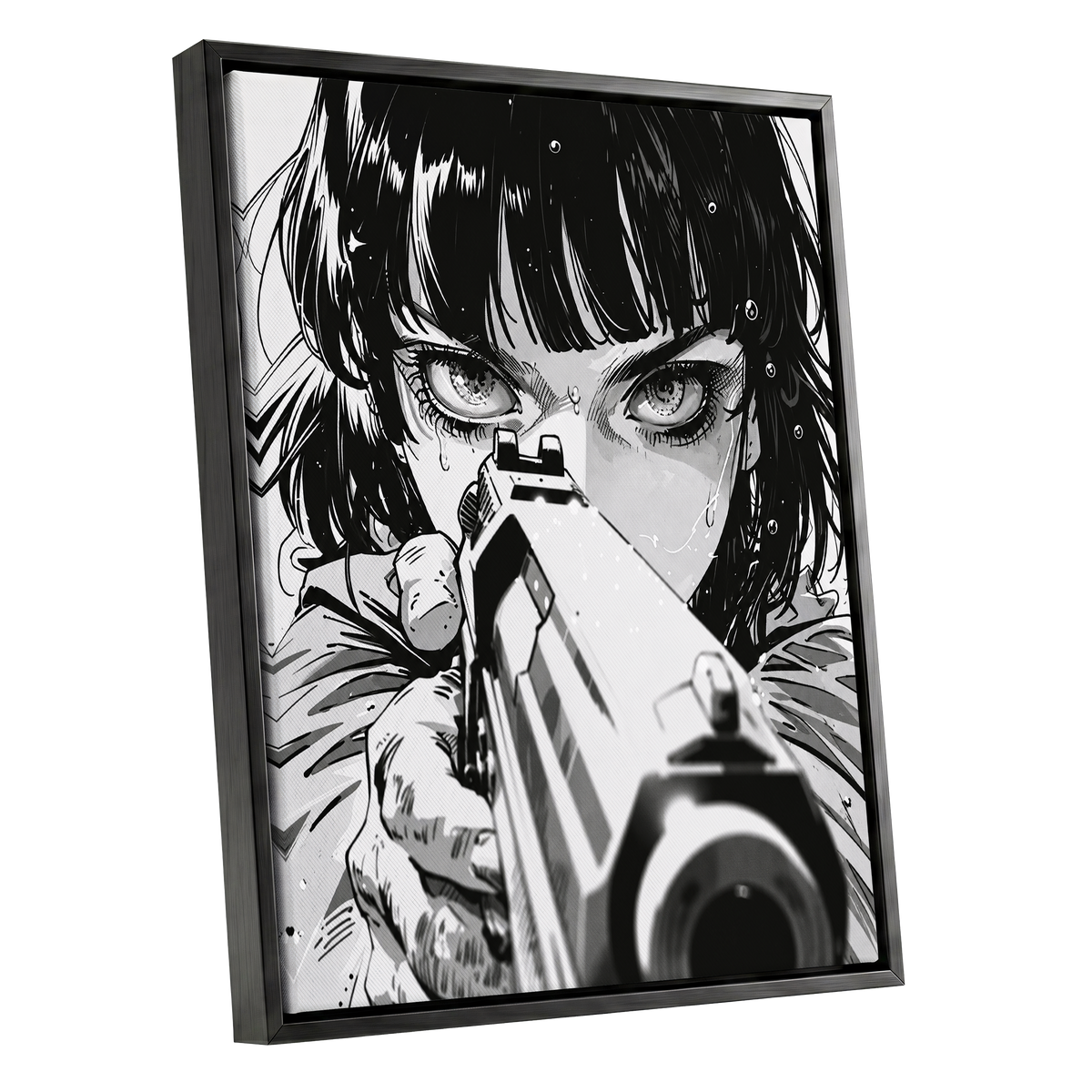 Sightline Noir, black, white, gray minimalist wall art shown as a black framed canvas wall art