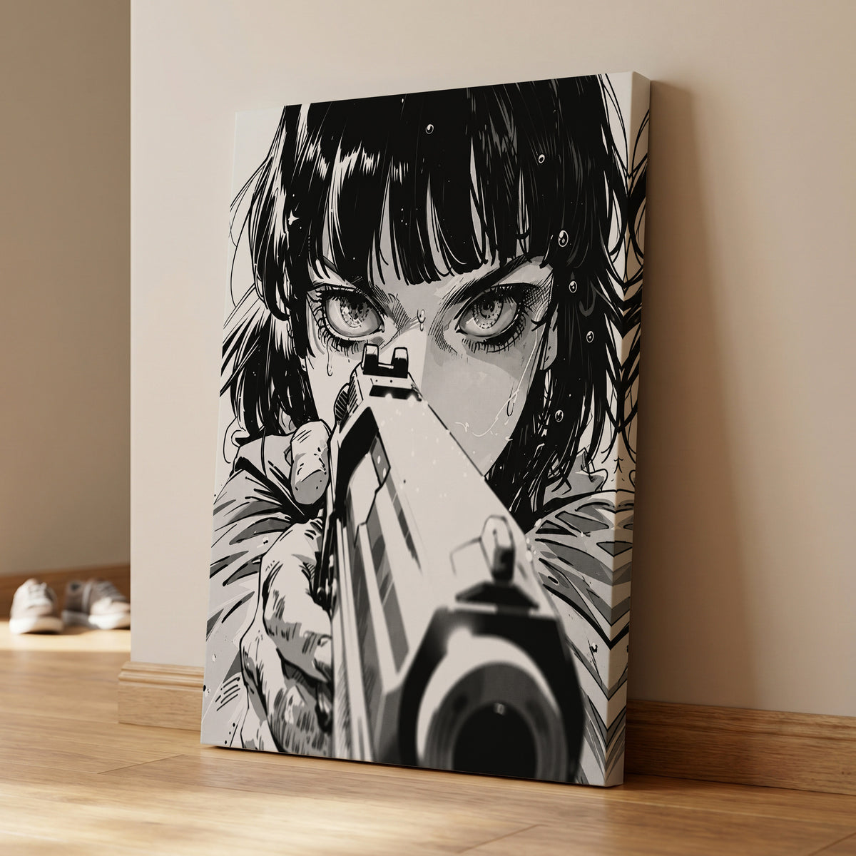 Sightline Noir, black, white, gray minimalist wall art on canvas displayed in a styled interior, gallery view 1