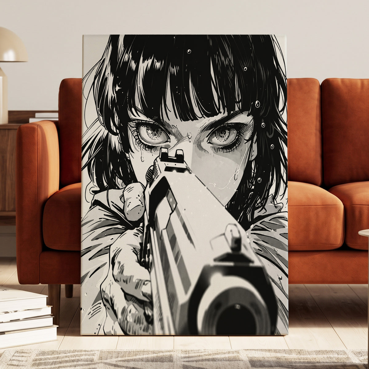 Sightline Noir, black, white, gray minimalist wall art on canvas displayed in a styled interior, gallery view 2