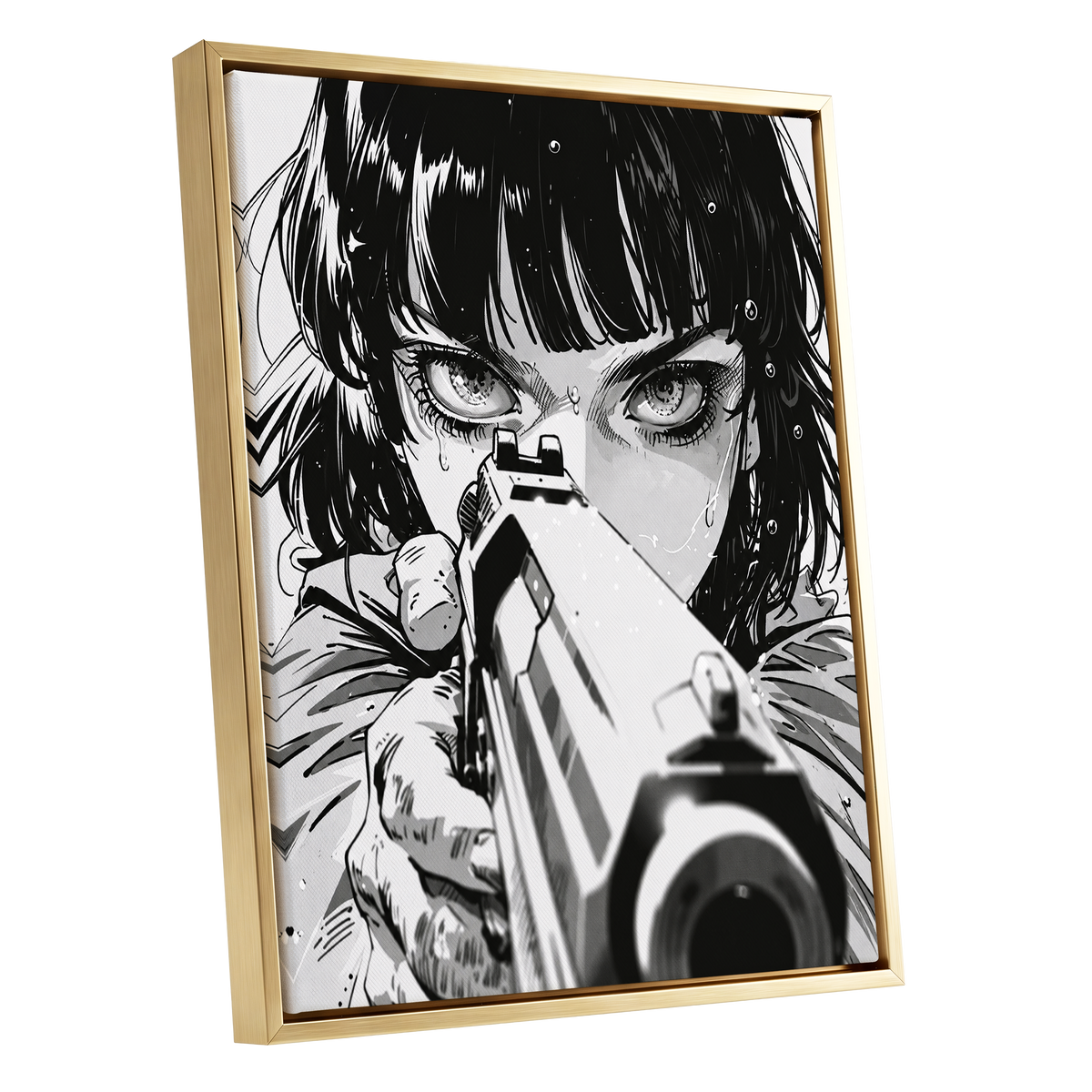 Sightline Noir, black, white, gray minimalist wall art shown as a gold framed canvas wall art