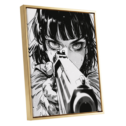Sightline Noir, black, white, gray minimalist wall art shown as a gold framed canvas wall art