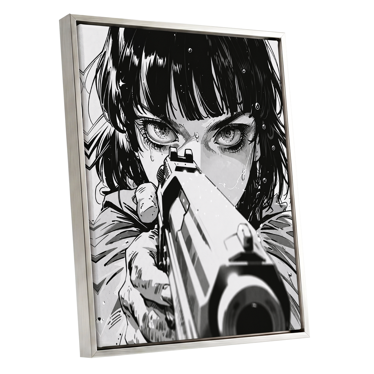 Sightline Noir, black, white, gray minimalist wall art shown as a silver framed canvas wall art