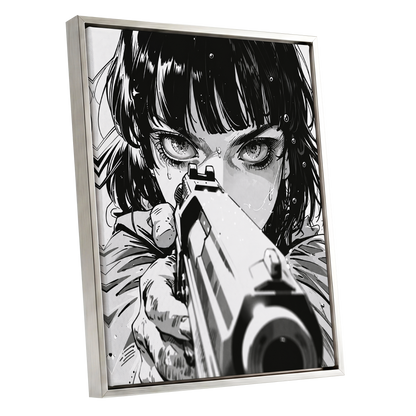 Sightline Noir, black, white, gray minimalist wall art shown as a silver framed canvas wall art