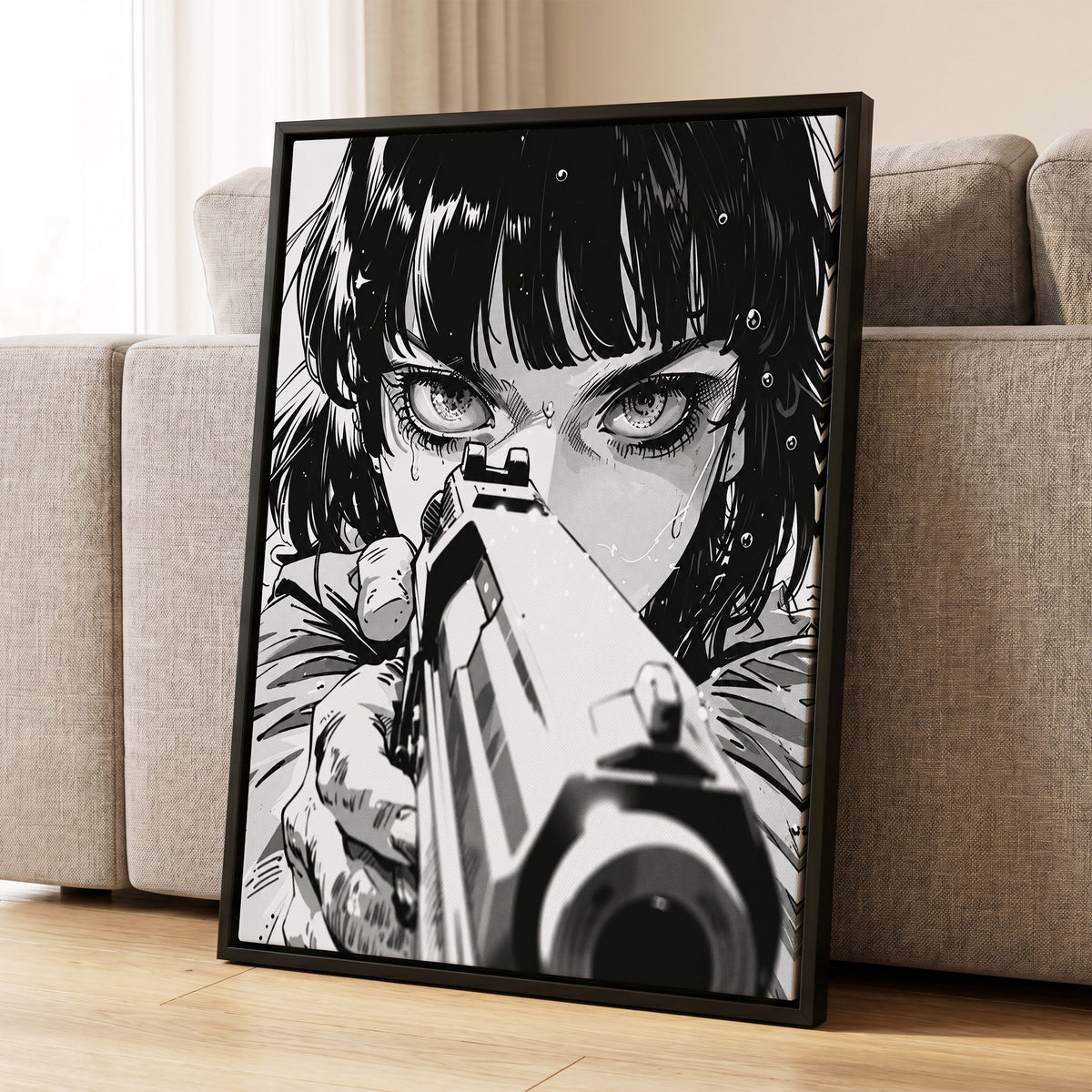 Sightline Noir, black, white, gray minimalist wall art displayed in a styled interior, gallery view 1