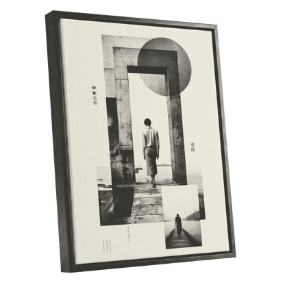 Silent Geometry, black, beige, white minimalist wall art shown as a black framed canvas wall art