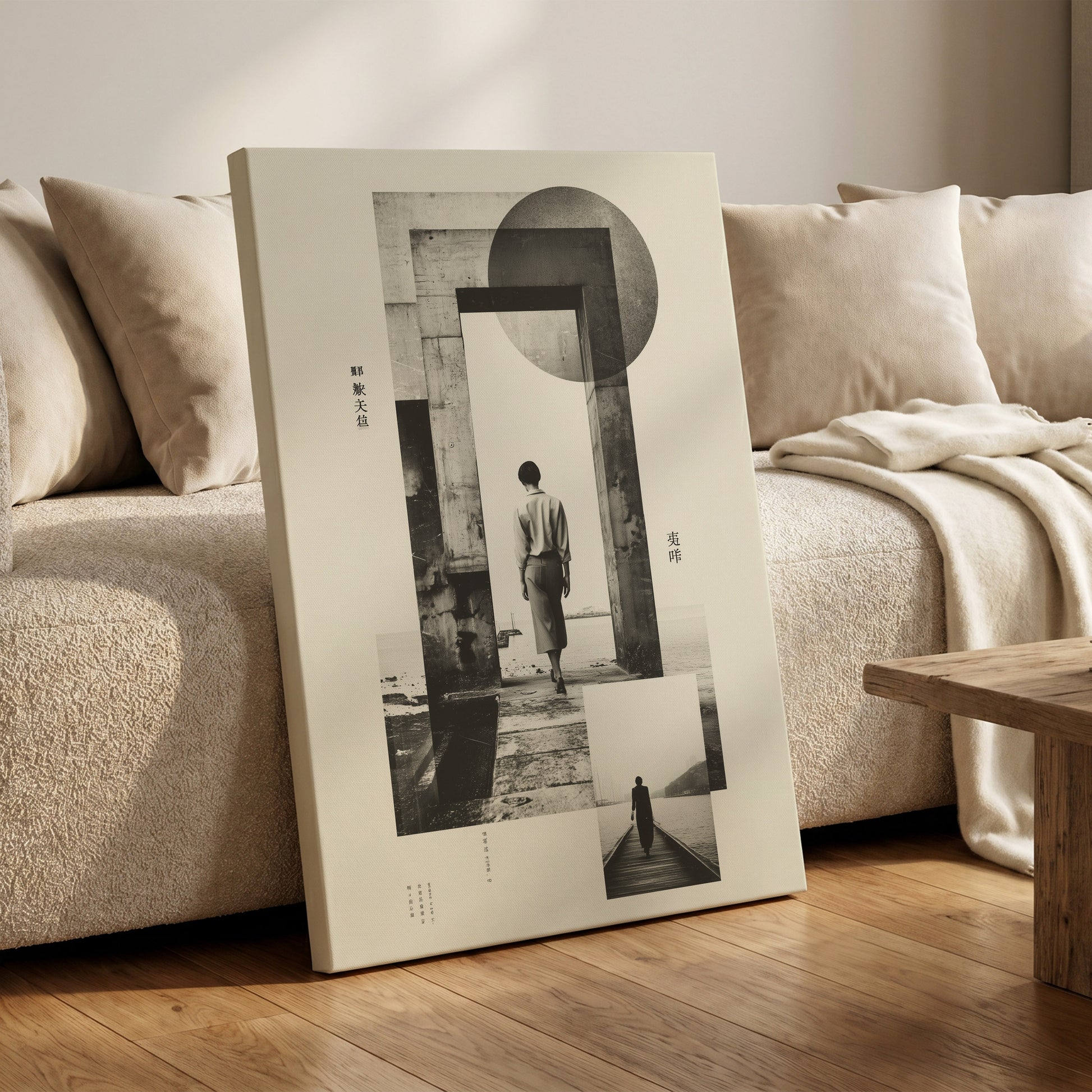 Silent Geometry, black, beige, white minimalist wall art on canvas displayed in a styled interior, gallery view 1