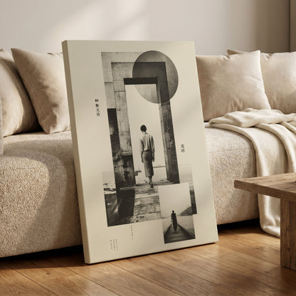 Silent Geometry, black, beige, white minimalist wall art on canvas displayed in a styled interior, gallery view 1