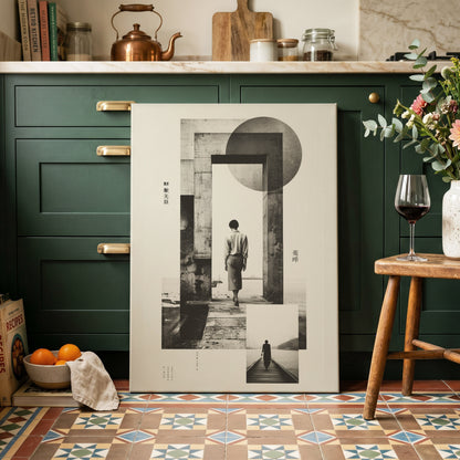Silent Geometry, black, beige, white minimalist wall art on canvas displayed in a styled interior, gallery view 2