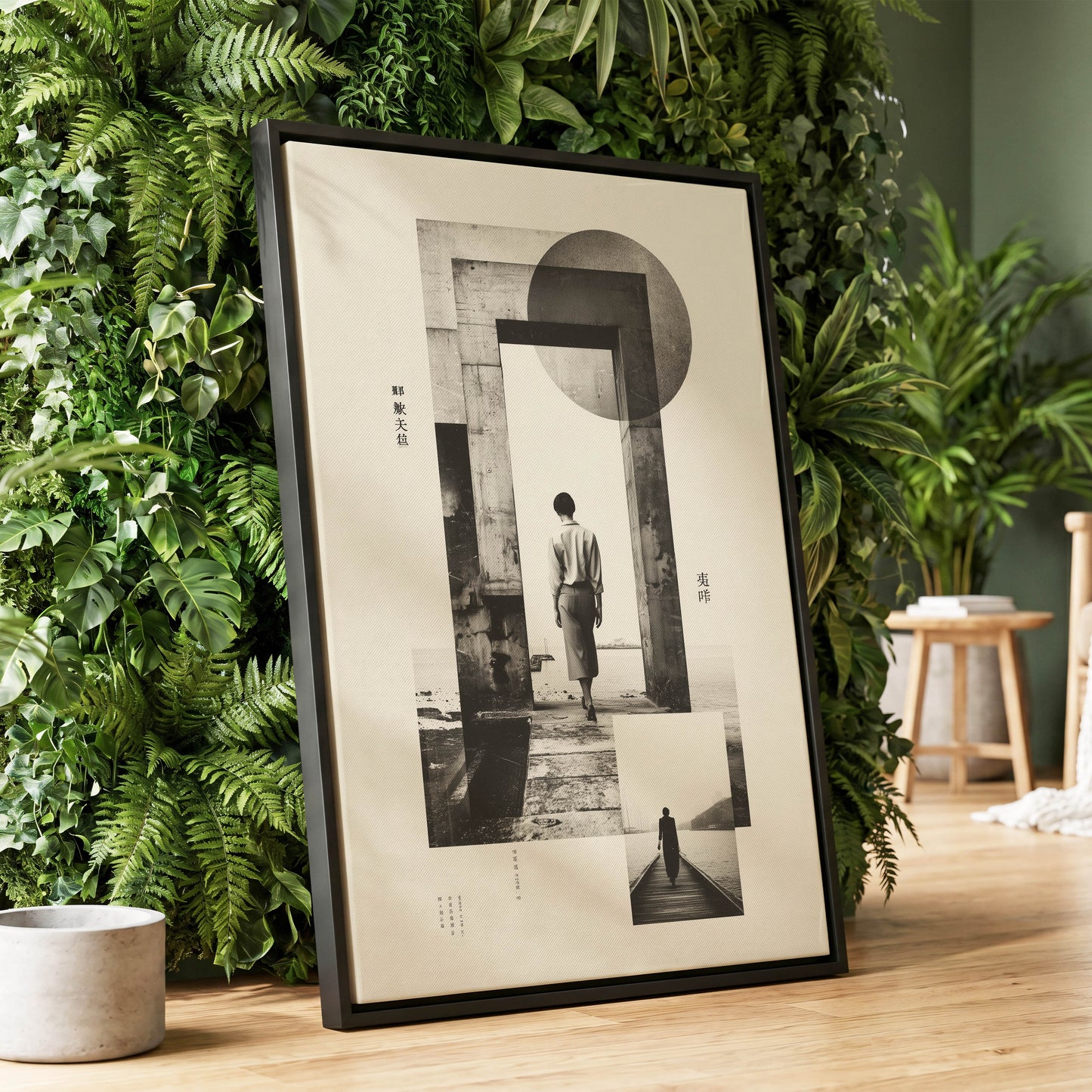 Silent Geometry, black, beige, white minimalist wall art displayed in a styled interior, gallery view 1