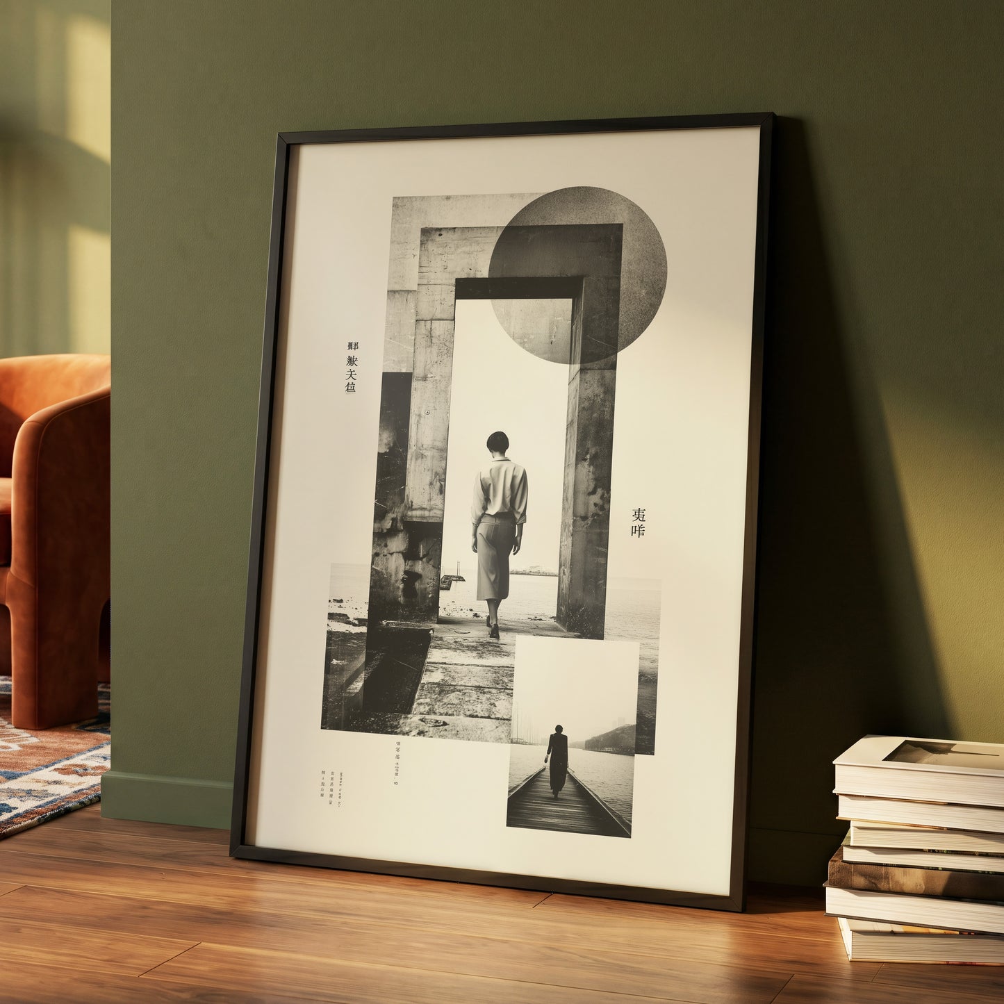 Silent Geometry, black, beige, white minimalist wall art displayed in a styled interior, gallery view 4