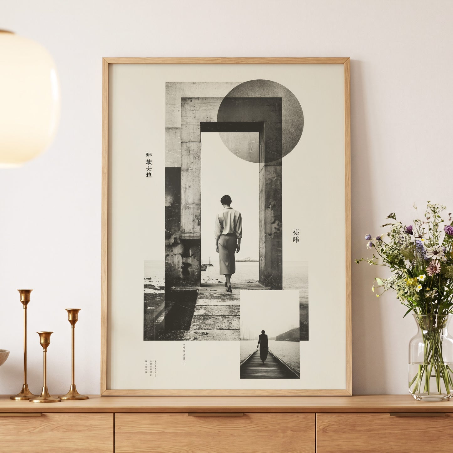 Silent Geometry, black, beige, white minimalist wall art displayed in a styled interior, gallery view 5