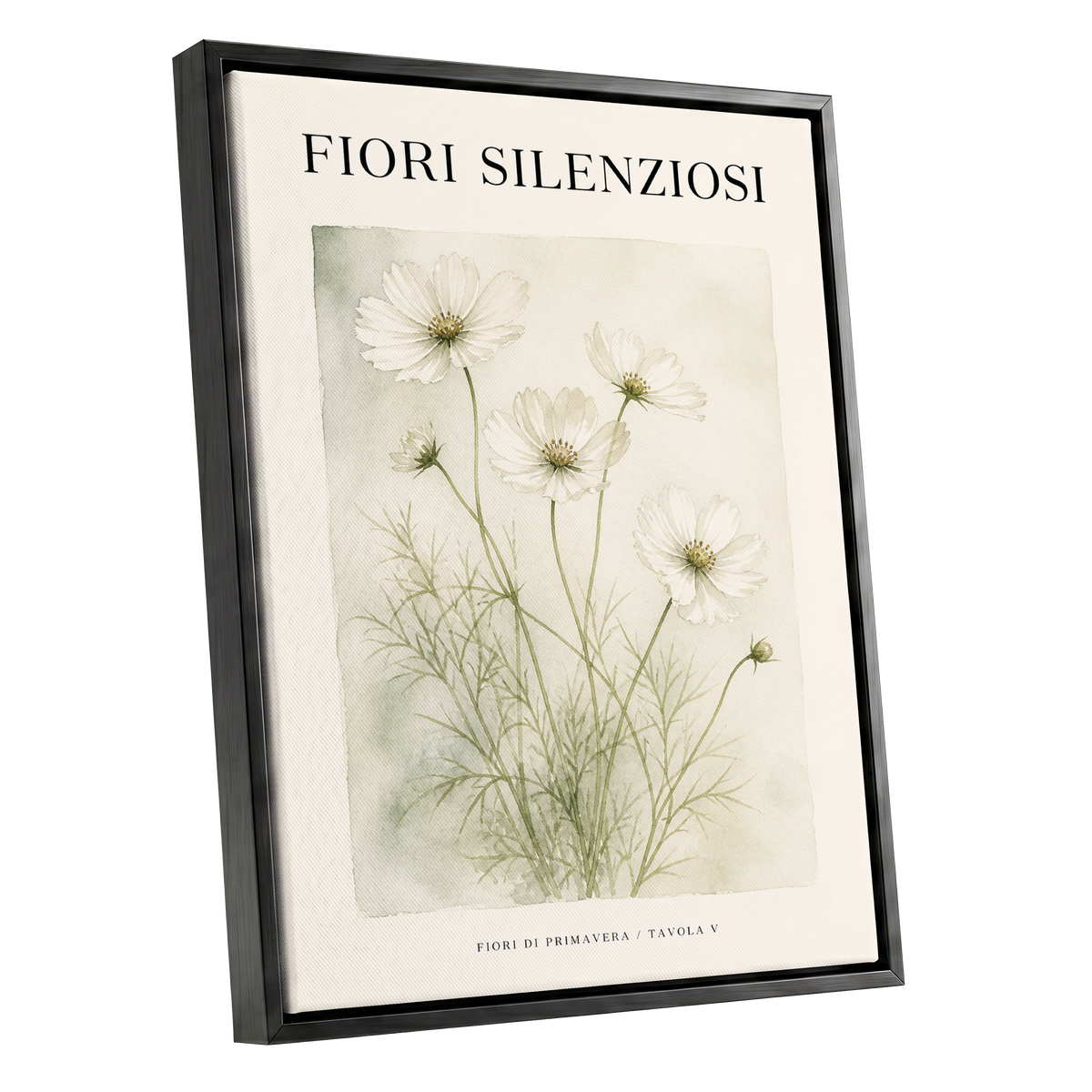 Silent Meadow Blooms, white, green, beige floral wall art shown as a black framed canvas wall art