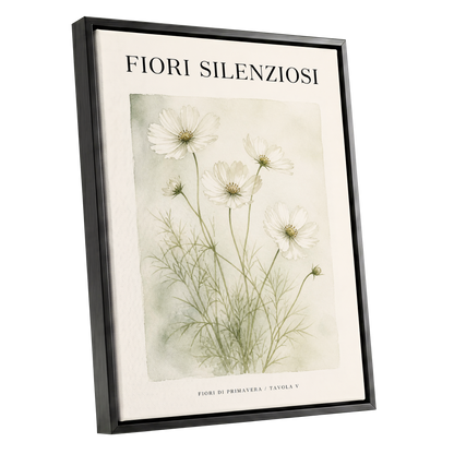 Silent Meadow Blooms, white, green, beige floral wall art shown as a black framed canvas wall art