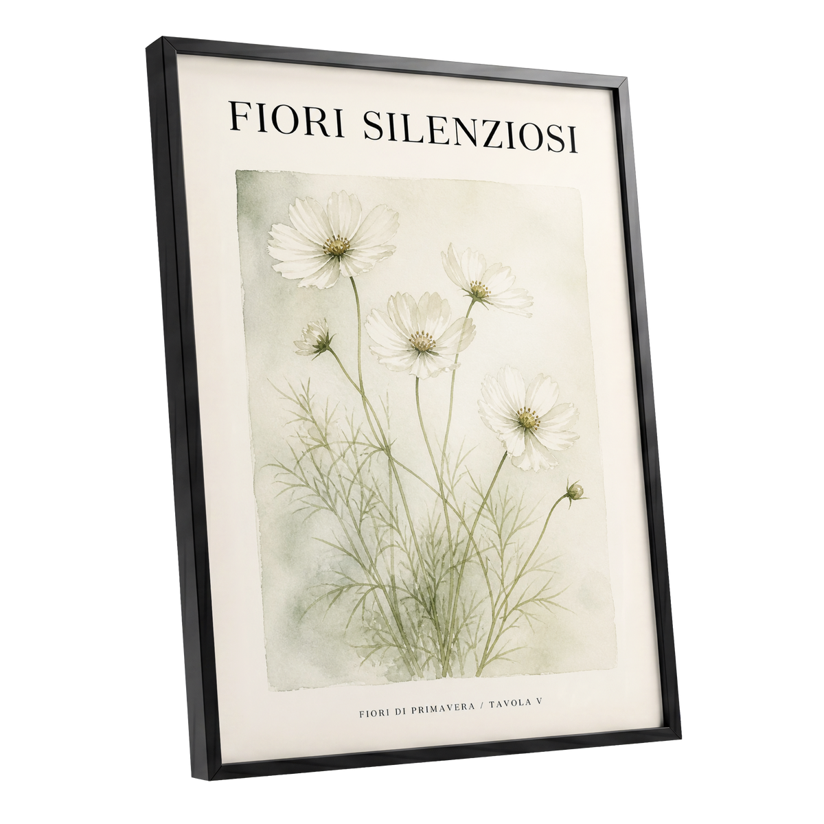 Silent Meadow Blooms, white, green, beige floral wall art shown as a black framed poster wall art print