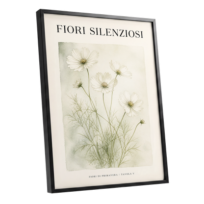 Silent Meadow Blooms, white, green, beige floral wall art shown as a black framed poster wall art print