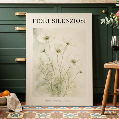 Silent Meadow Blooms, white, green, beige floral wall art on canvas displayed in a styled interior, gallery view 1
