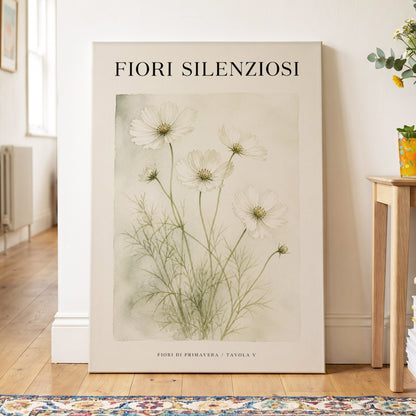 Silent Meadow Blooms, white, green, beige floral wall art on canvas displayed in a styled interior, gallery view 2