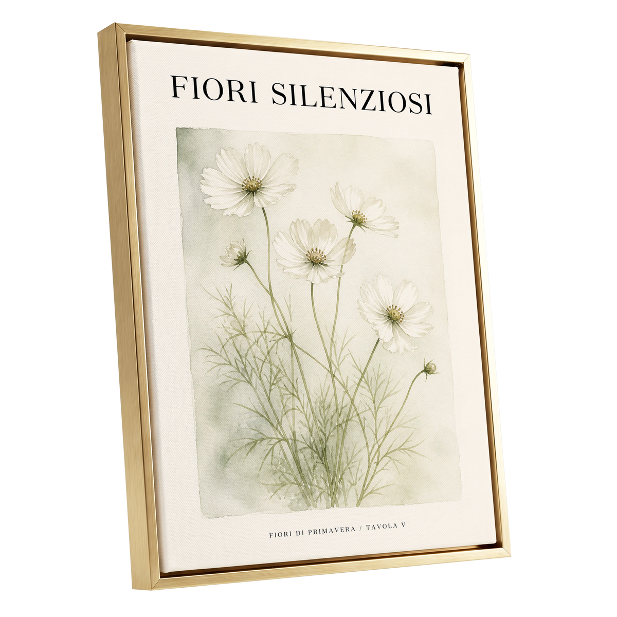Silent Meadow Blooms, white, green, beige floral wall art shown as a gold framed canvas wall art