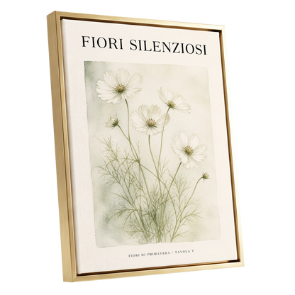 Silent Meadow Blooms, white, green, beige floral wall art shown as a gold framed canvas wall art