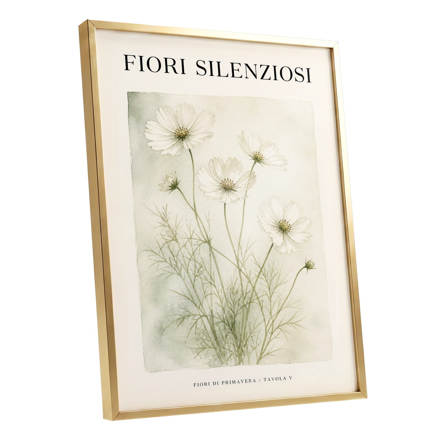 Silent Meadow Blooms, white, green, beige floral wall art shown as a gold framed poster wall art print
