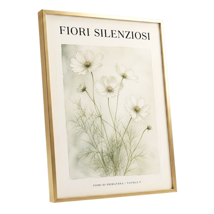 Silent Meadow Blooms, white, green, beige floral wall art shown as a gold framed poster wall art print