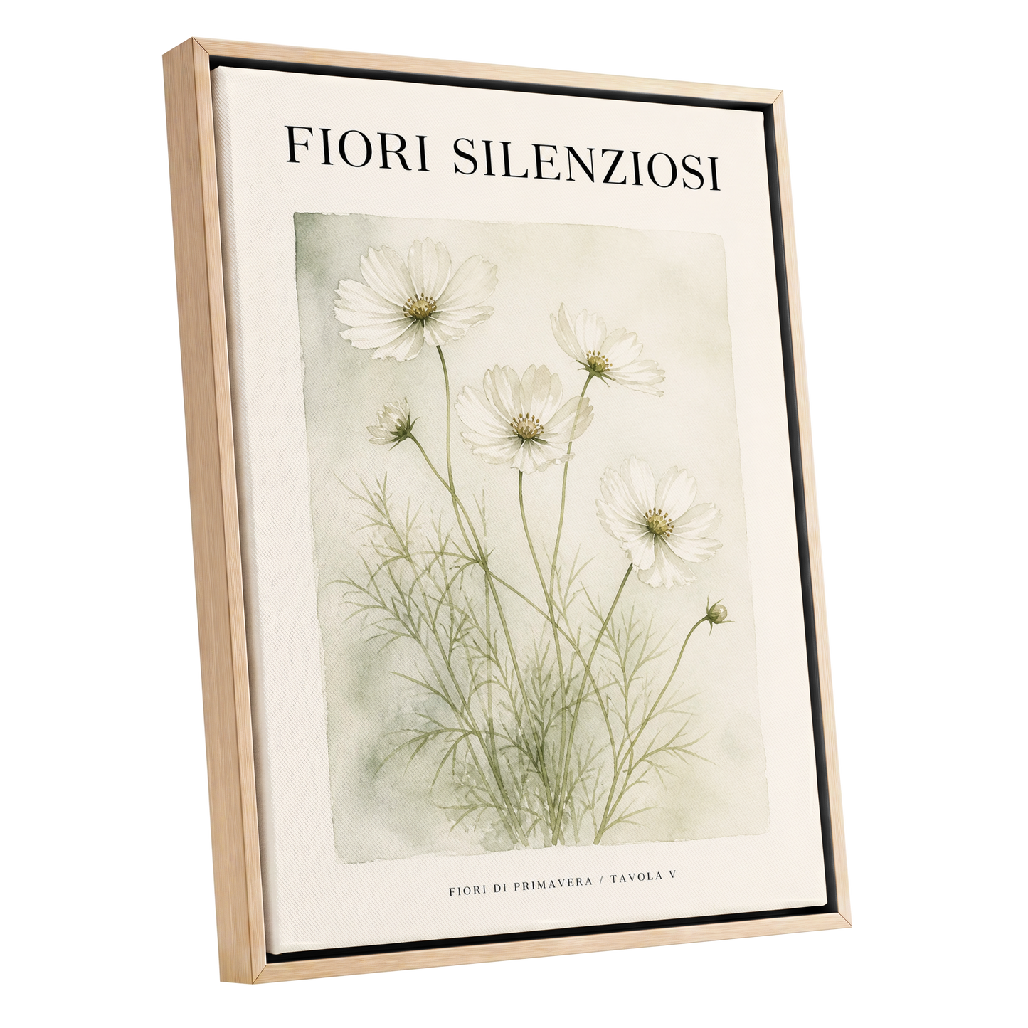 Silent Meadow Blooms, white, green, beige floral wall art shown as a oak framed canvas wall art