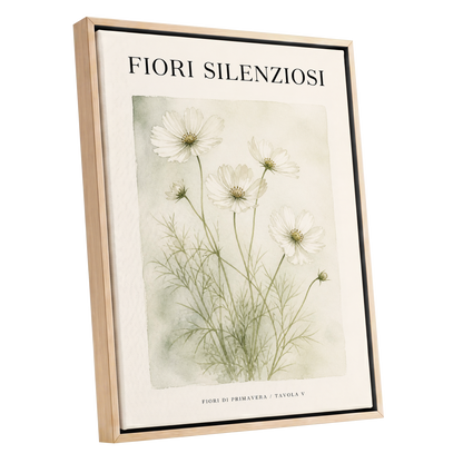 Silent Meadow Blooms, white, green, beige floral wall art shown as a oak framed canvas wall art
