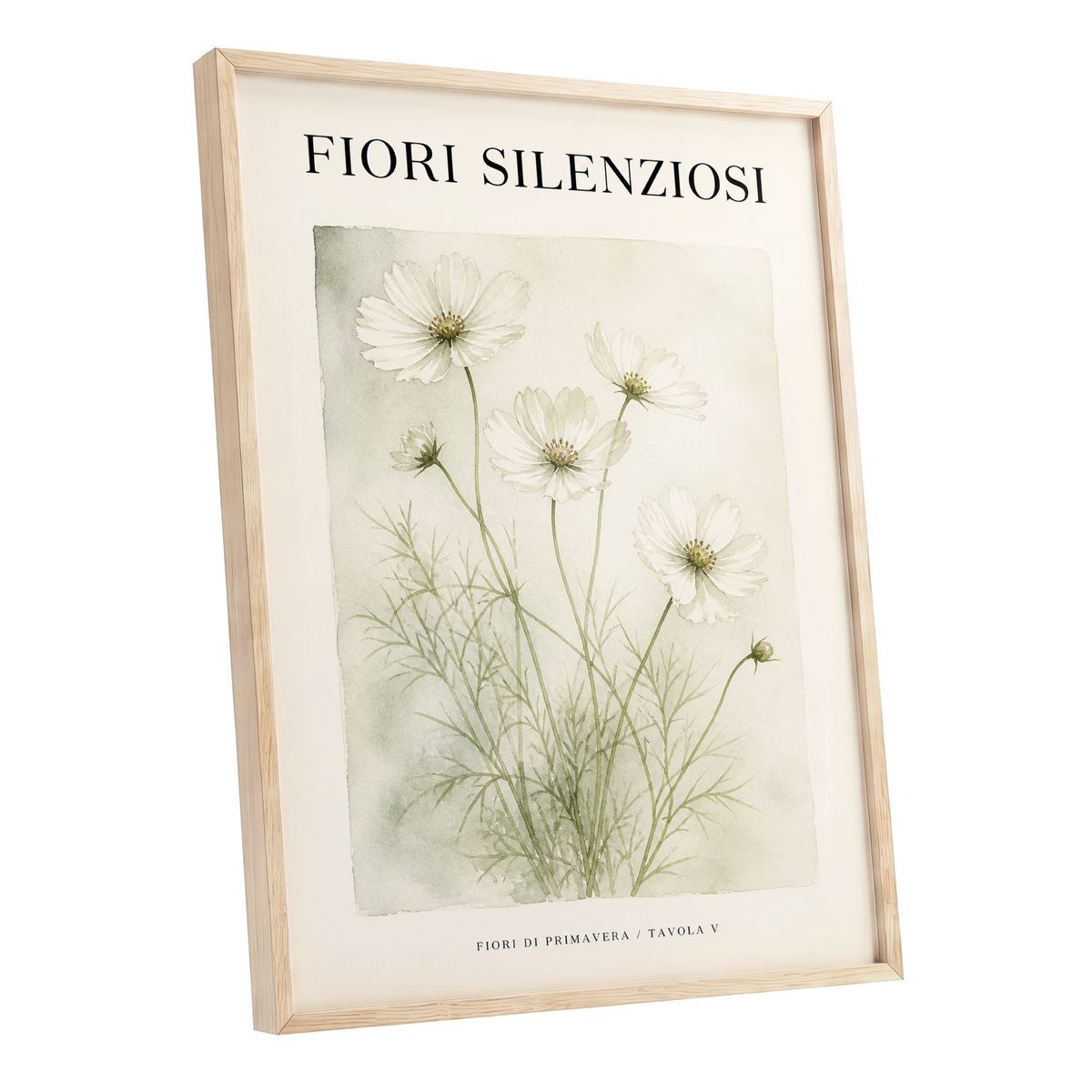 Silent Meadow Blooms, white, green, beige floral wall art shown as a oak framed poster wall art print