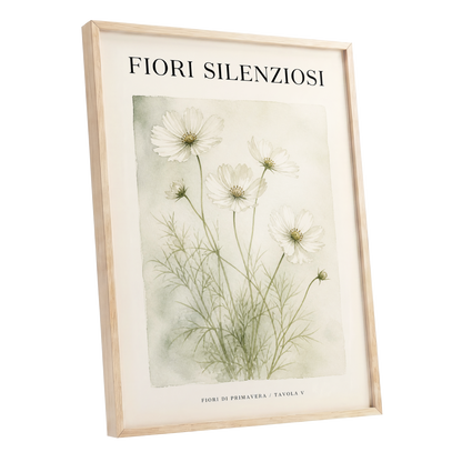 Silent Meadow Blooms, white, green, beige floral wall art shown as a oak framed poster wall art print