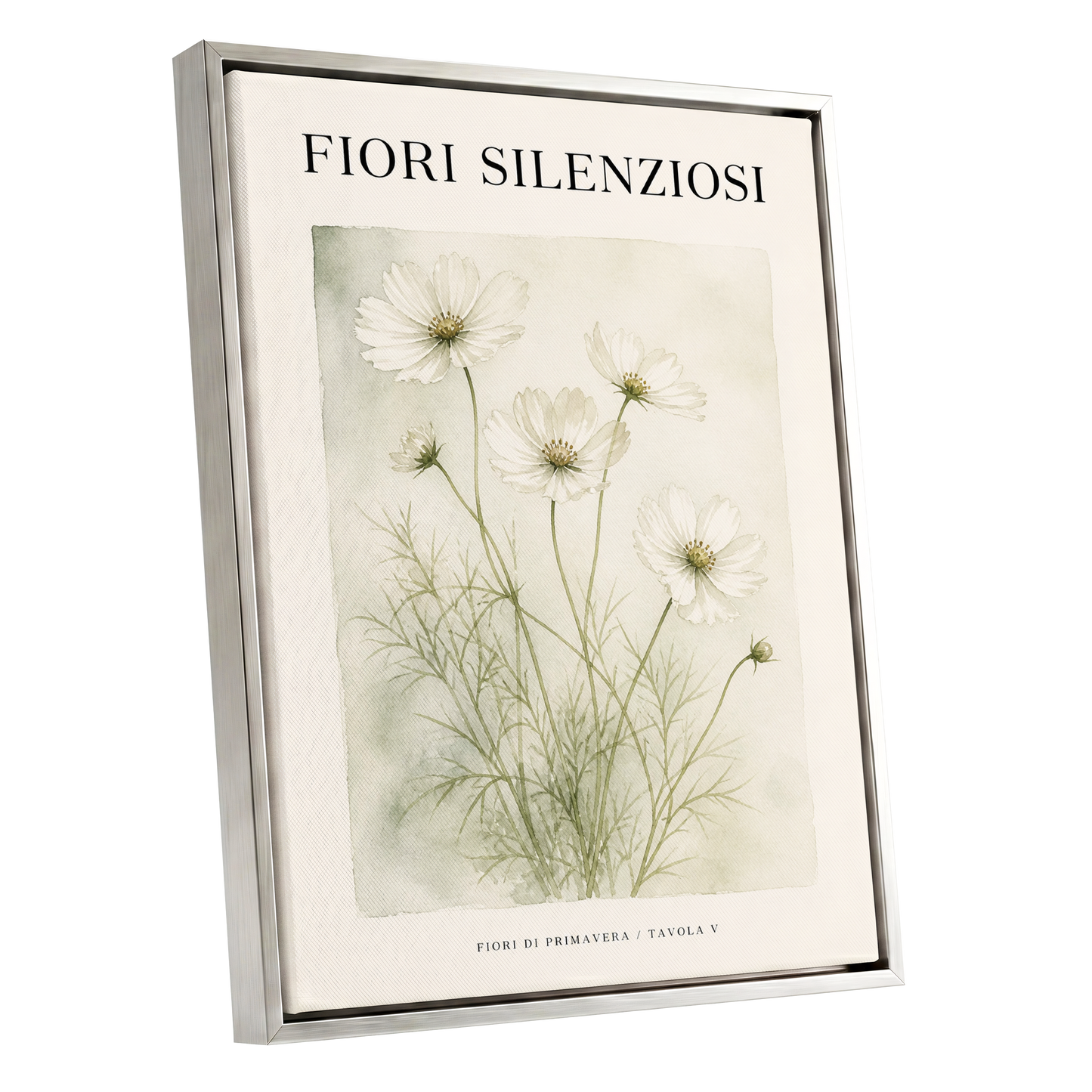 Silent Meadow Blooms, white, green, beige floral wall art shown as a silver framed canvas wall art