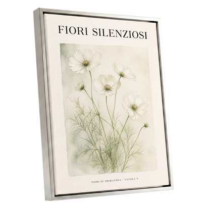 Silent Meadow Blooms, white, green, beige floral wall art shown as a silver framed canvas wall art
