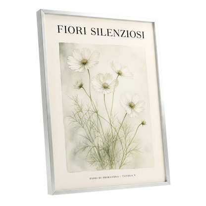 Silent Meadow Blooms, white, green, beige floral wall art shown as a silver framed poster wall art print