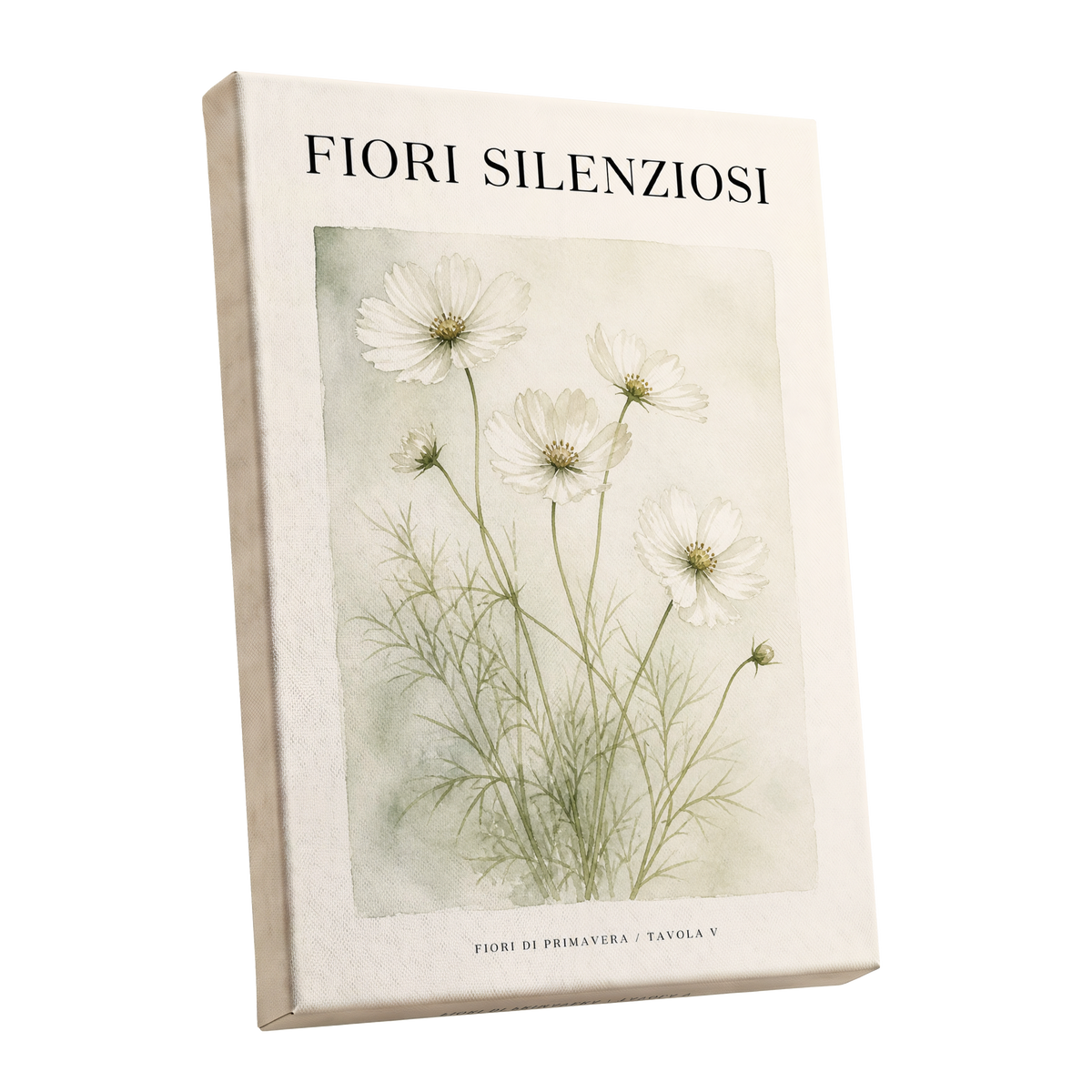 Silent Meadow Blooms, white, green, beige floral wall art shown as a stretched canvas wall art