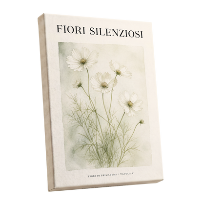 Silent Meadow Blooms, white, green, beige floral wall art shown as a stretched canvas wall art
