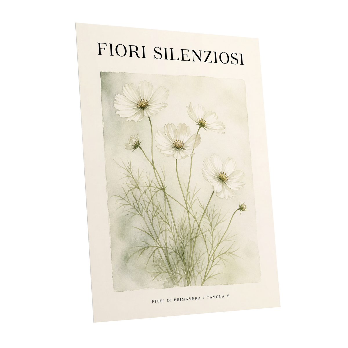 Silent Meadow Blooms, white, green, beige floral wall art shown as a unframed poster wall art print