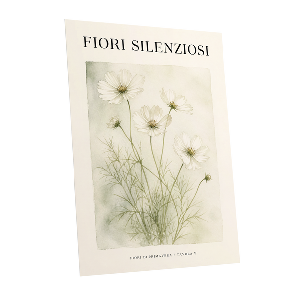 Silent Meadow Blooms, white, green, beige floral wall art shown as a unframed poster wall art print