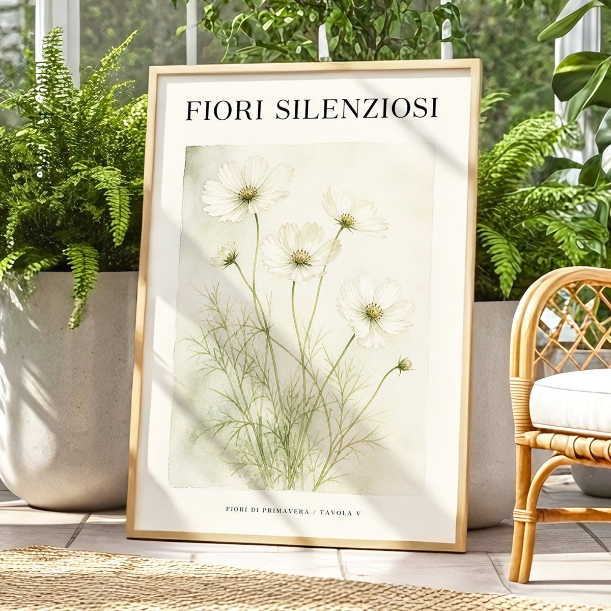 Silent Meadow Blooms, white, green, beige floral wall art displayed in a styled interior, gallery view 1